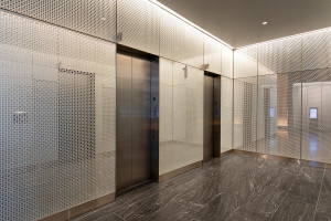 FSRT630 Система обшивки стен Levelr с панелями из вивистрата, слоями стекла в отражающей конфигурации с индивидуальным гравированным рисунком и стандартной отделкой, а также выступами из нержавеющей стали в Frost Tower, сан-антонио, техас Forms-surfaces