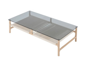 Низкий прямоугольный журнальный столик из дерева и стекла
