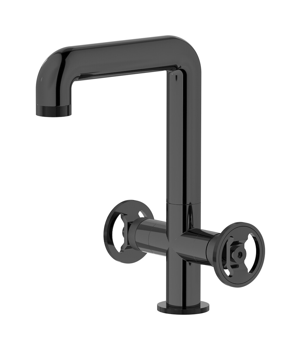 Смеситель для раковины на 1 отверстие с 2 ручками в комплекте с донным клапаном. WE ARE IB b1205cf Black Chrome Bold