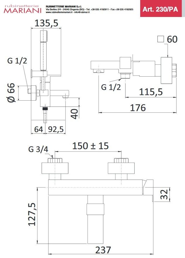 Rubinetterie Mariani Смеситель для ванны настенный однорычажный с ручным душем Polar 230-pa - Вид №3