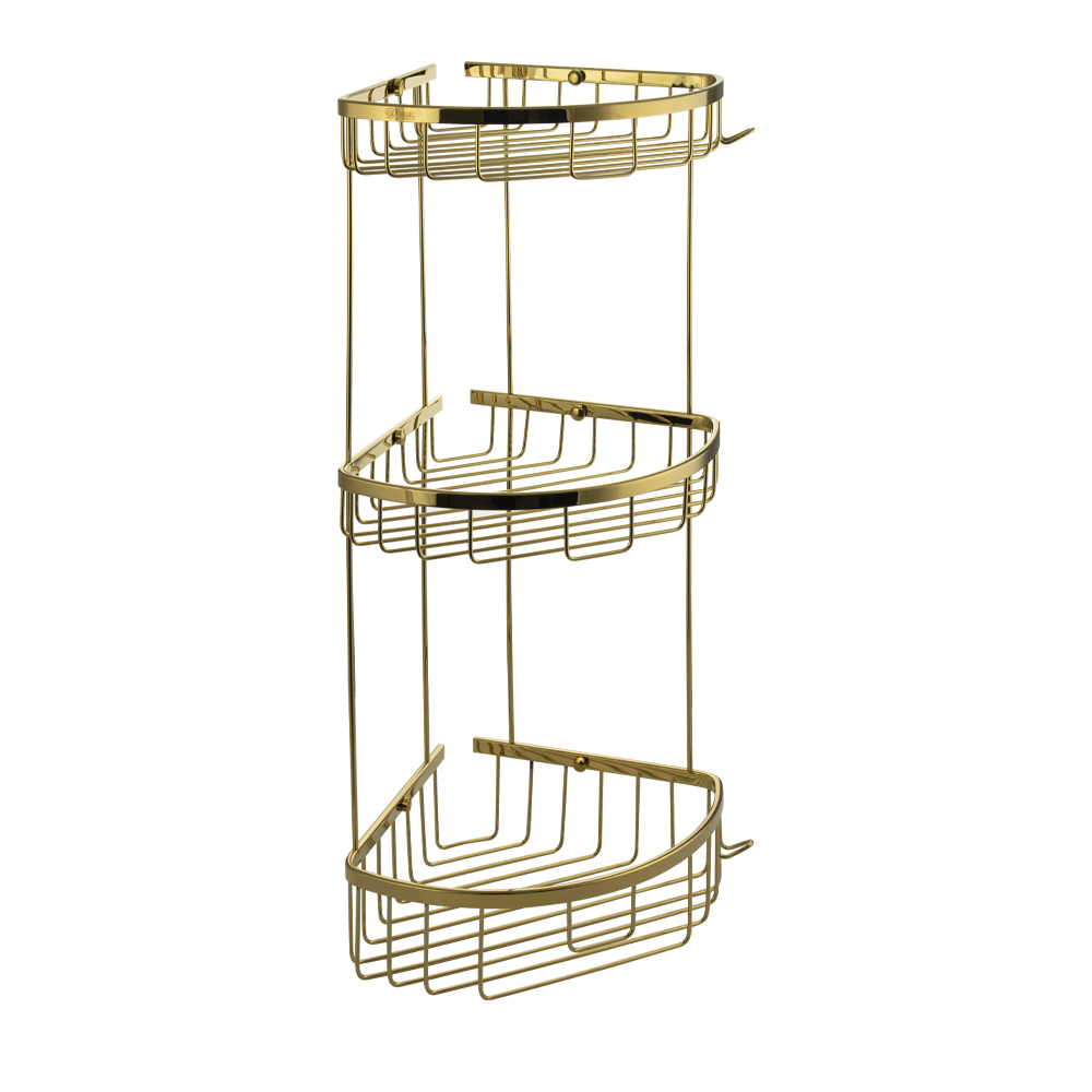 GFmark - Полочка угловая, овальная, тройная, 22 см, решетка - ЗОЛОТО, код: 77256 