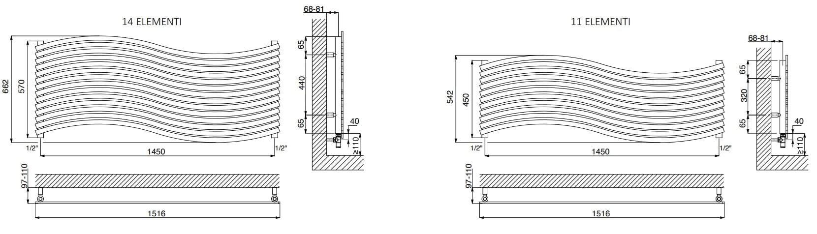 Атласная сталь горизонтальная горячая вода полотенцесушитель Cordivari Design Inox Style ARCH-00141407 - Вид №2