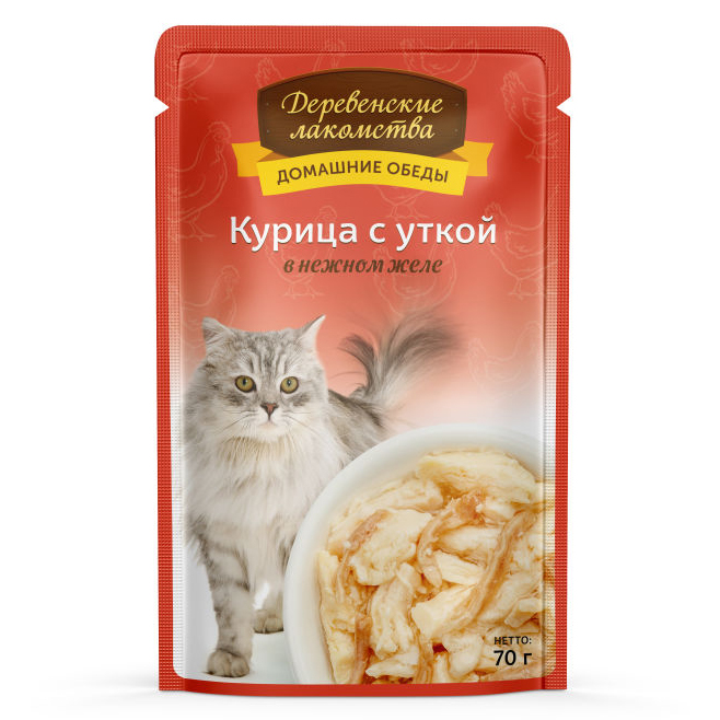 ПР0046898 Корм для кошек Курица с уткой в нежном желе пауч 70г ДЕРЕВЕНСКИЕ ЛАКОМСТВА 