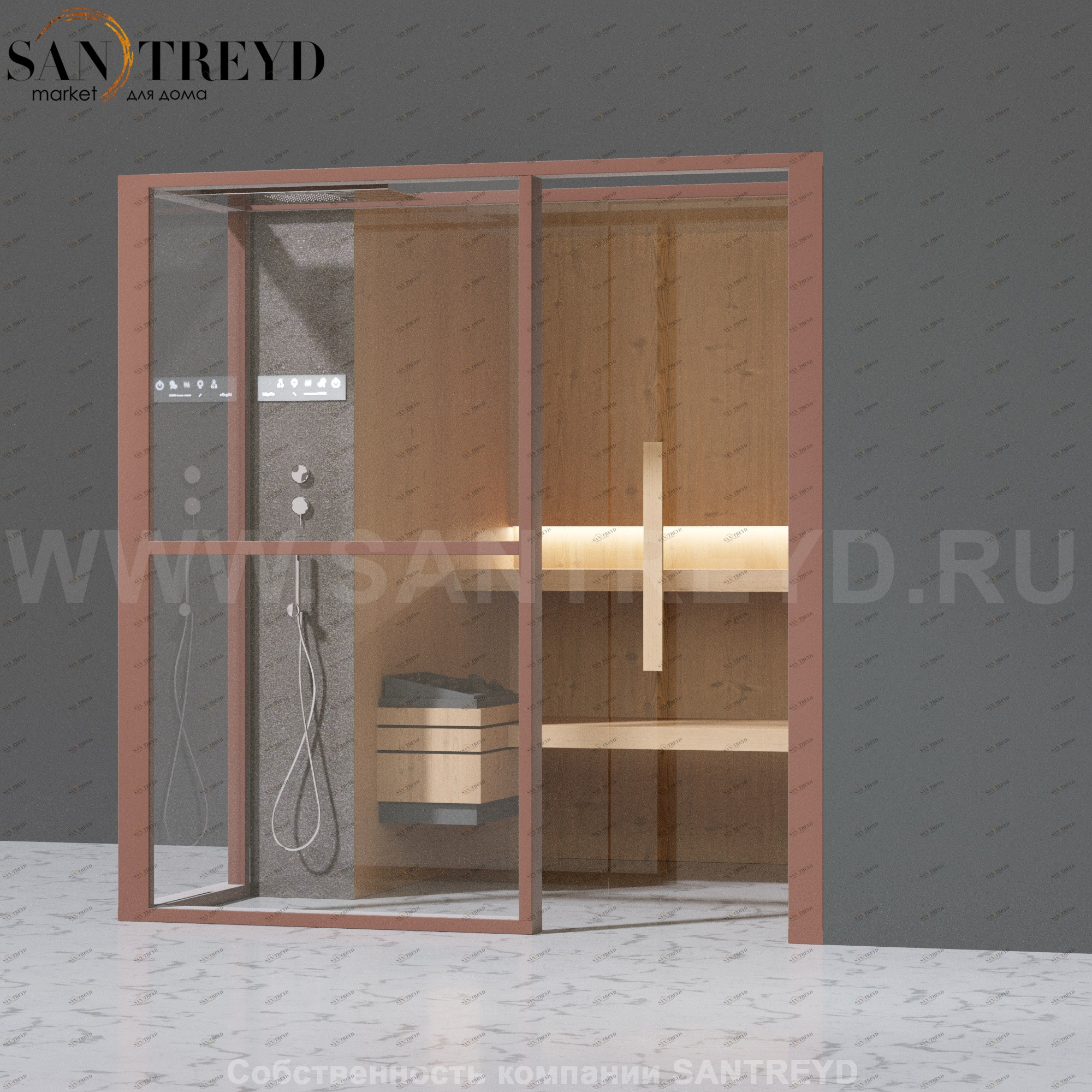 Effegibi LOGICAFILO S LO21030008 Сауна. Установка: в правый угол. Левая дверь. Мощность: 6 кВт макс. Размеры: длина 214 см, ширина 250 см. Отделка: канадский хемлок, матовый лакированный коричневый аллюминий и темный ламинат из керамогранита.