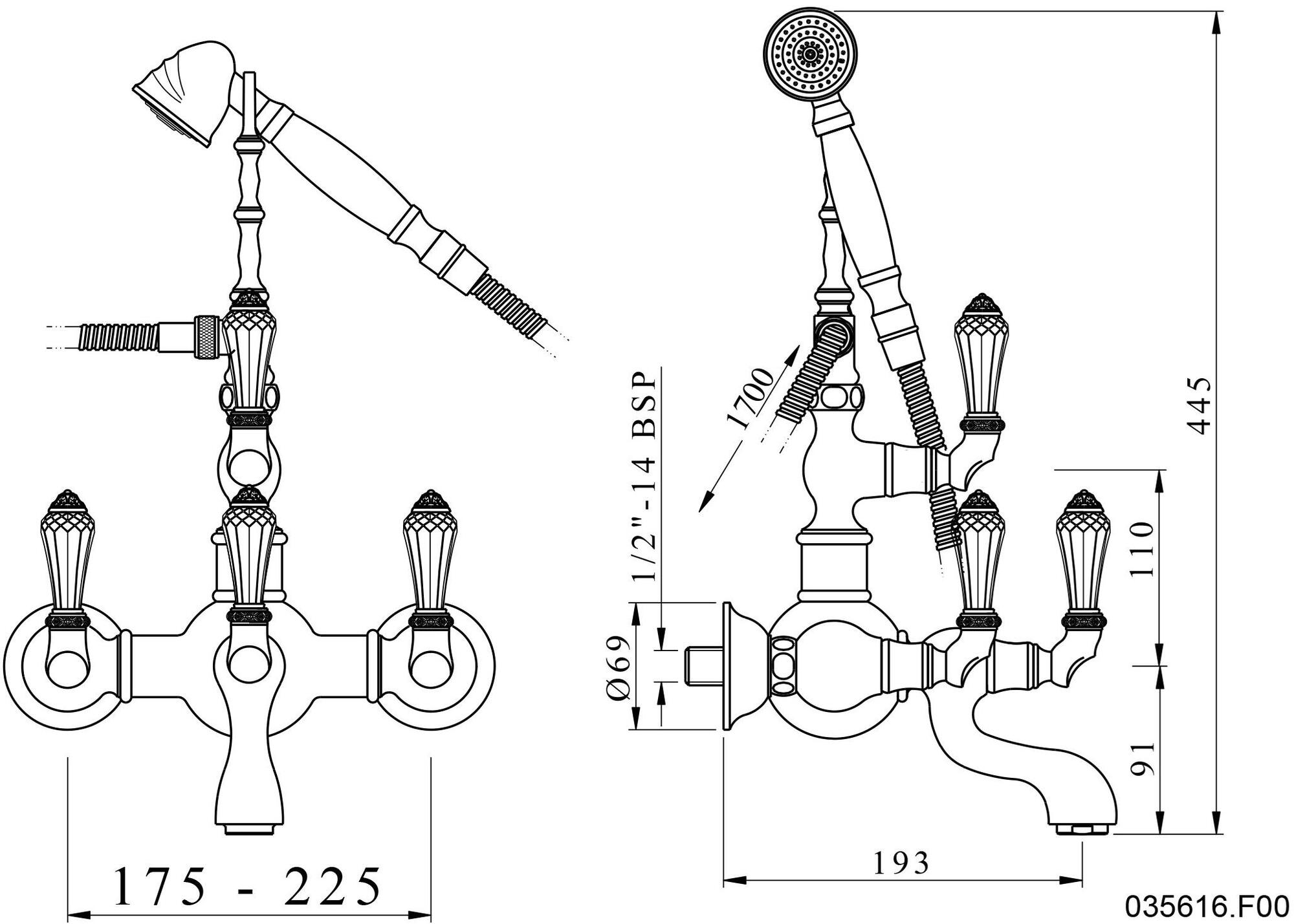 Bronces Mestre Настенный смеситель для ванны на 2 отверстия с ручным душем Retro 035616.f00.50 - Вид №1