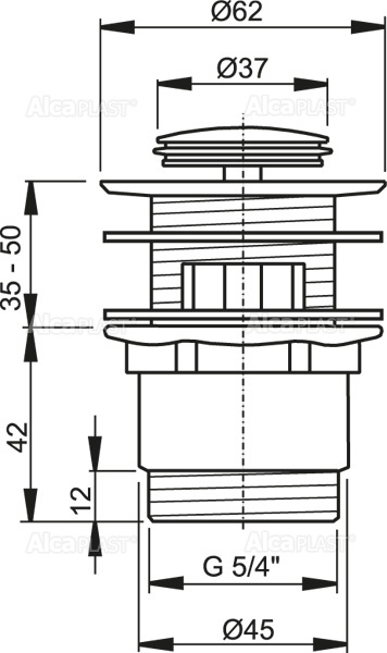 Донный клапан сифона для умывальника CLICK/CLACK 5/4", цельнометаллический с переливом и малой заглушкой ALCAPLAST A39 - Вид №1