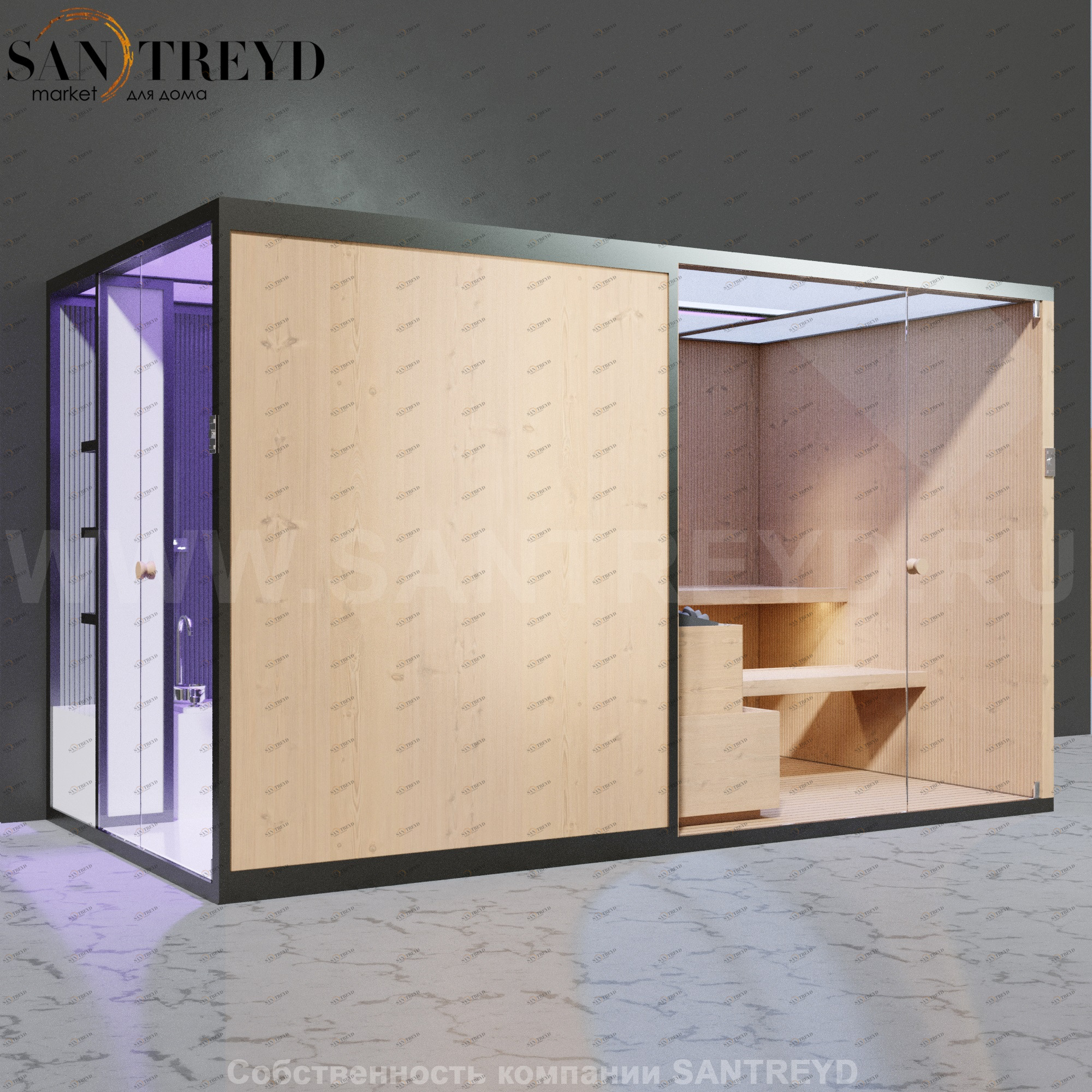 Effegibi BODYLOVE SH BL45140007 Боковая комбинированная баня: хаммам и сауна. Установка: к стене. Мощность: 15 кВт макс. Размеры: длина 393 см, ширина 176 см. Отделка: канадский хемлок, трубчатое стекло и гладкий хемлок.