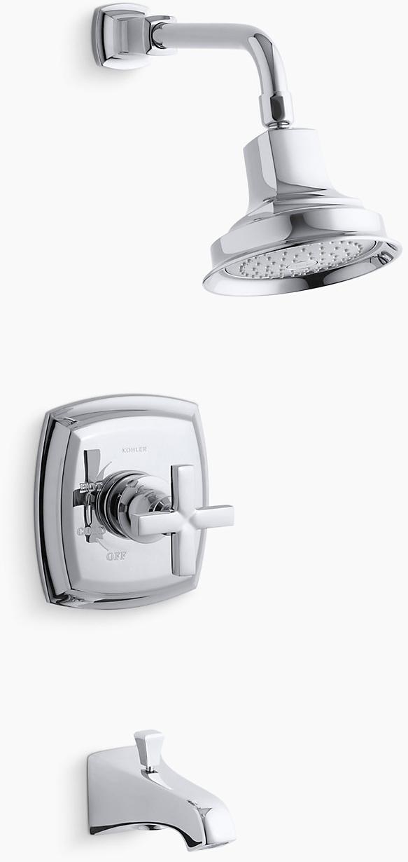 KOHLER Комплект Margaux Rite-Temp для ванны и душа с поперечной ручкой и изливом NPT, клапан в комплект не входит K-TS16225-3-CP 