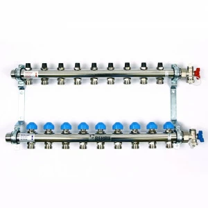 Коллекторная группа из нержавеющей стали с регулир. и термостатическими вентилями и расходомерами REHAU 1"x3/4"ЕК 9 выходов