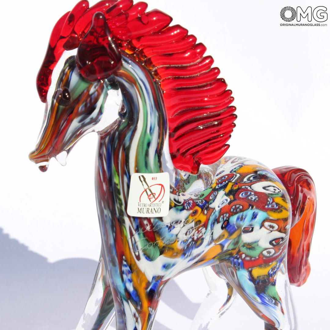 2288 ORIGINALMURANOGLASS Скульптура Конь с красной гривой миллефиори из муранского стекла 16 см  - Вид №1