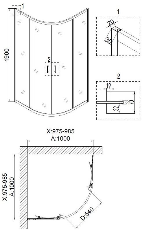 Душевое ограждение NG- 6607-08 (100*100*190) полукруг, двери раздвижные, 1 место Niagara Nova 66070811 - Вид №2