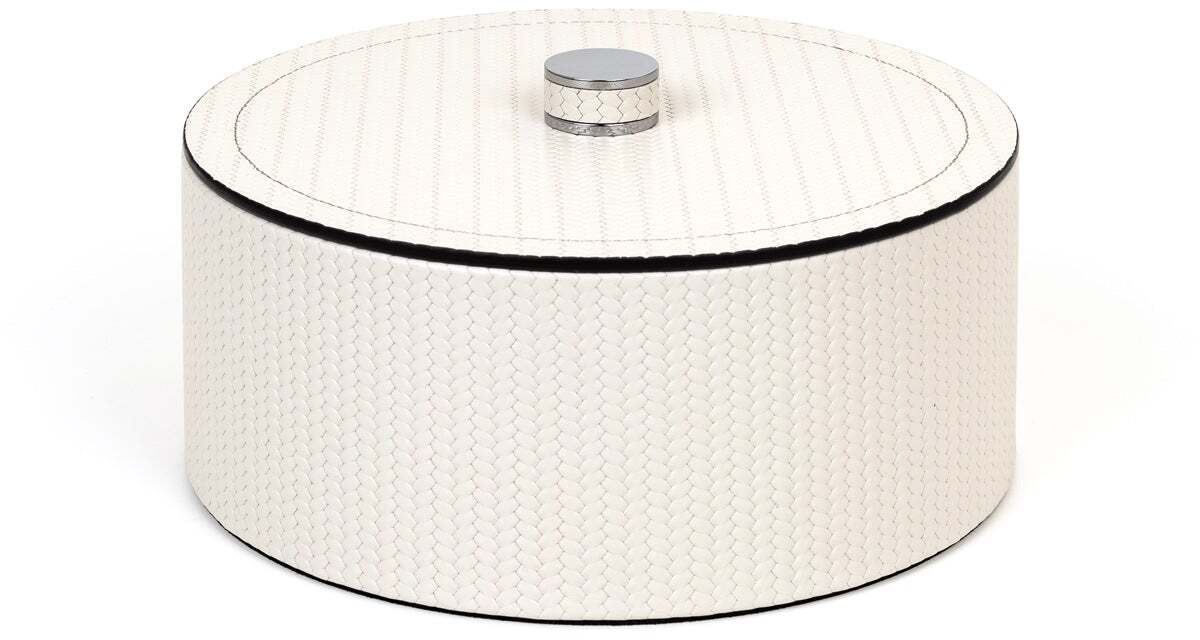 Круглая шкатулка Lucy - Ø 17XH8 см / металлическая отделка_сатинированная латунь / зерненая кожа_верблюжья