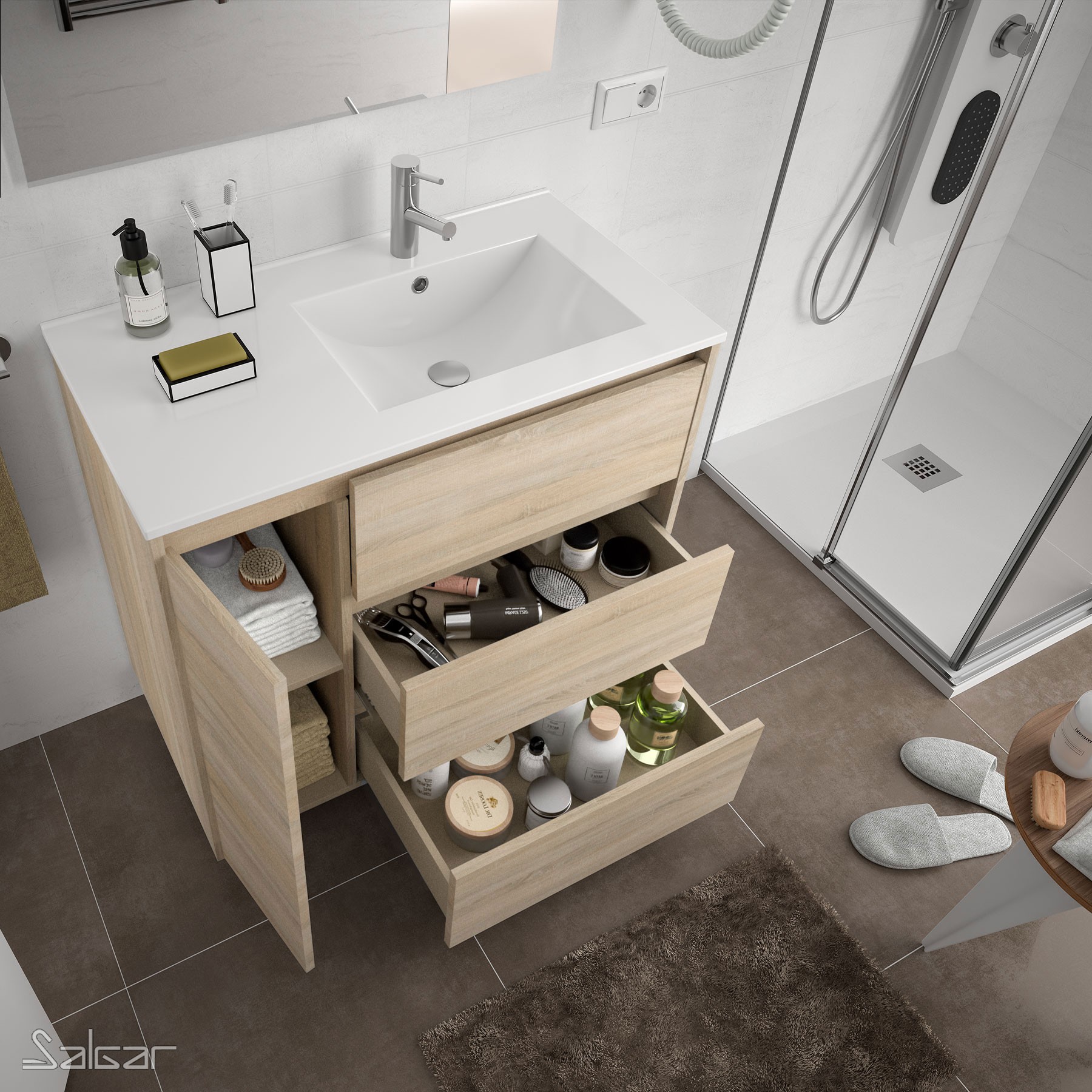 85133 SALGAR Мебель для умывальника ARENYS 855 1 дверь левая ROBLE COLORADO + Раковина Дуб Каледония - Вид №1