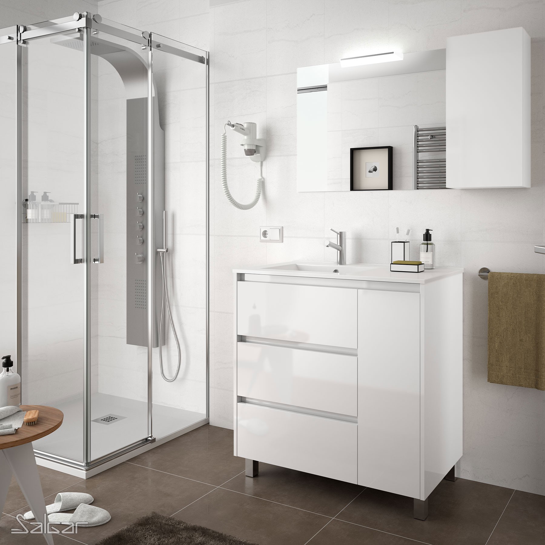 85117 SALGAR Комплект мебели для ванной ARENYS 855 WHITE GLOSS LACQUERED + Раковина + Зеркало + Свет Глянцевый белый