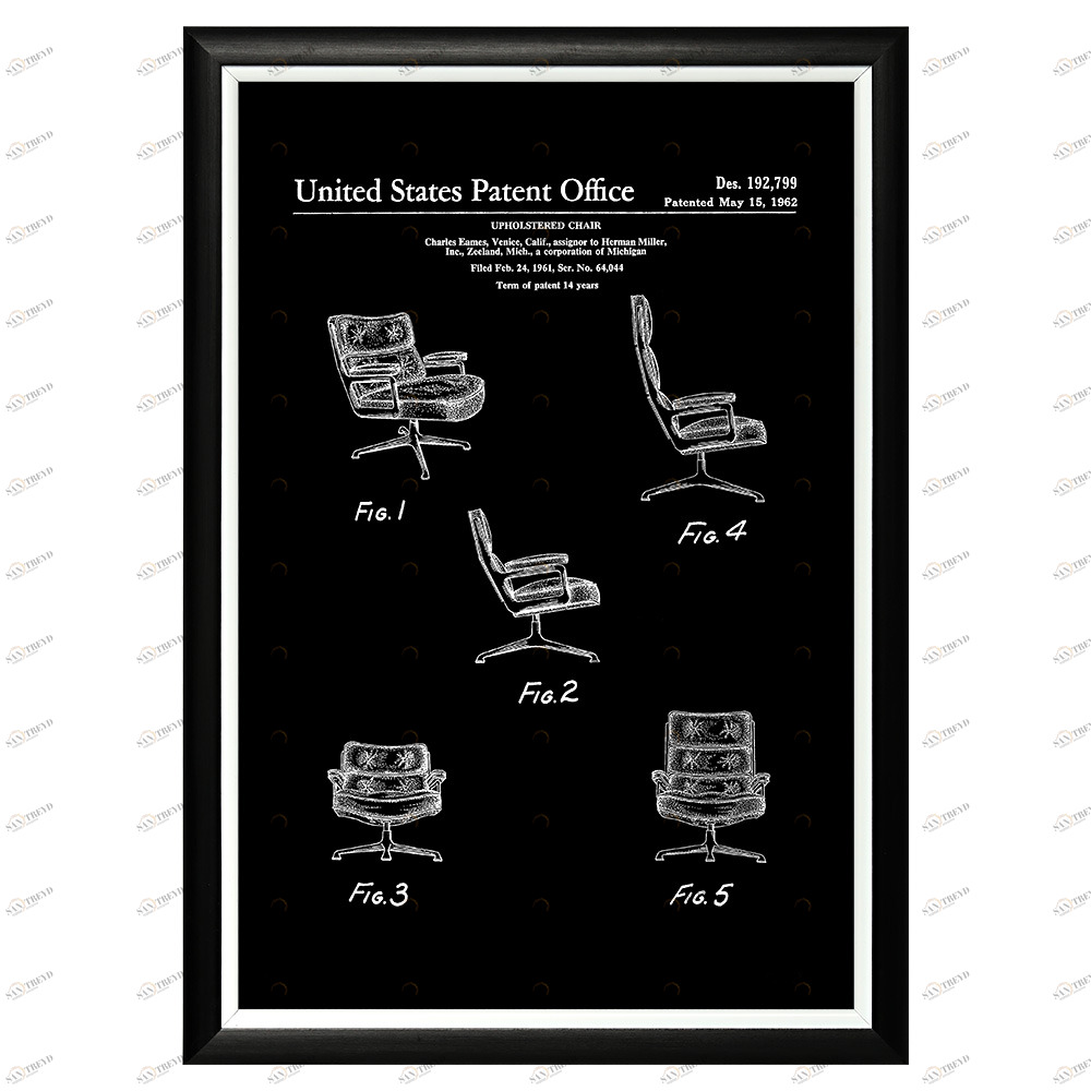 Постер черно-белый 46х66 см "Патент Чарлза Имза на мягкое офисное кресло, 1962" BYOBJECT ГРАФИКА 00-3875482 Белый;черный Object Desire 