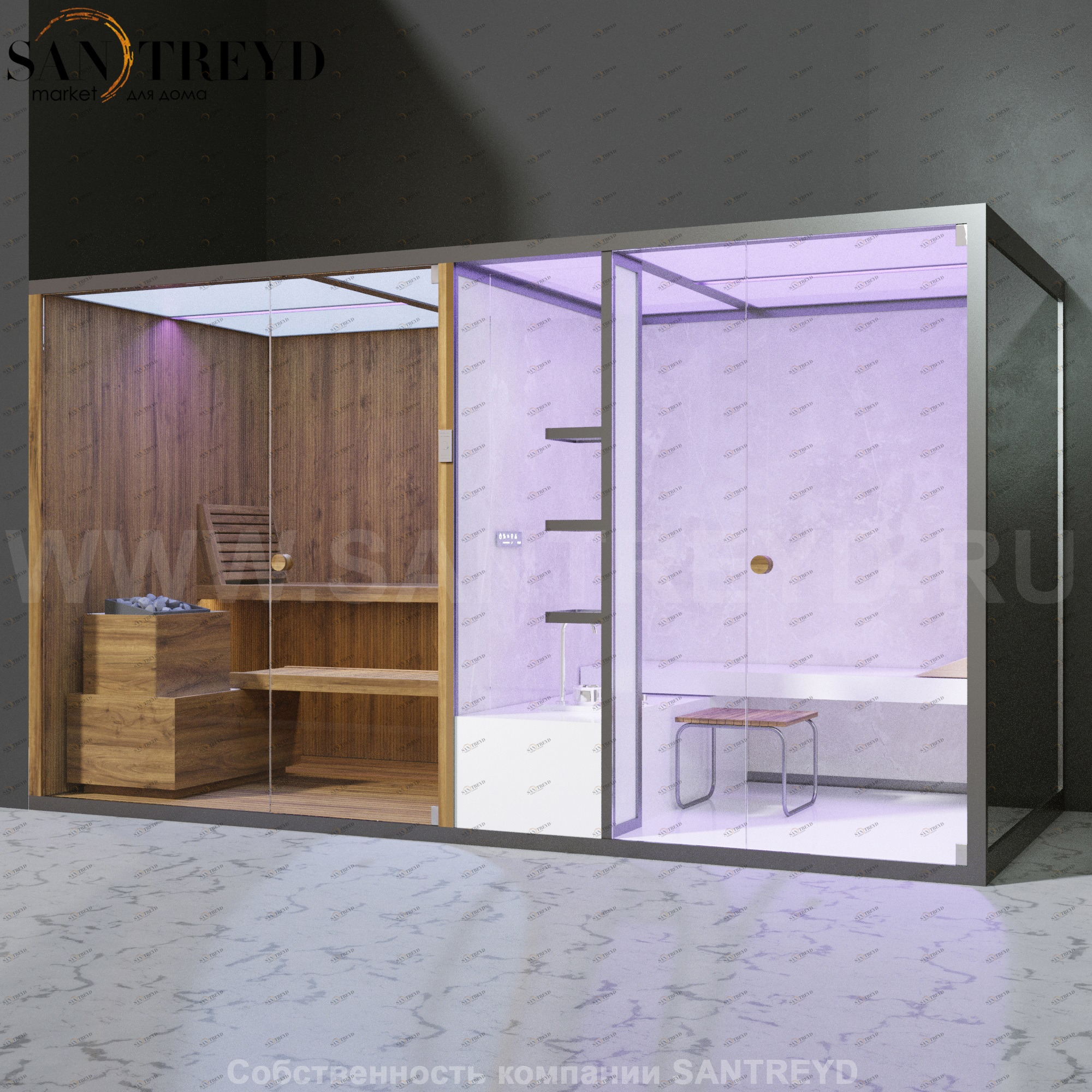 Effegibi BODYLOVE SH BL40210005 Фронтальная комбинированная баня: хаммам и сауна. Установка: в левый угол. Мощность: 15 кВт макс. Размеры: длина 393 см, ширина 176 см. Отделка: термообработанная древесина, светлый керамогранит и зеркало.