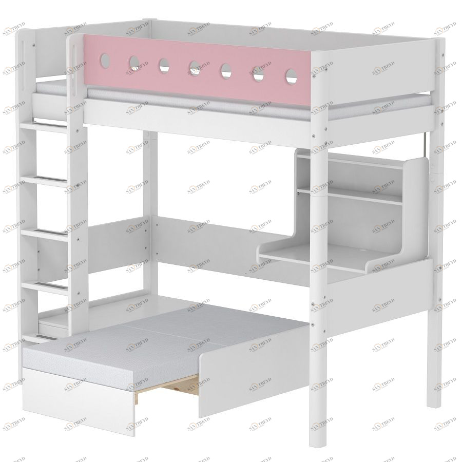 Кровать Flexa White Casa высокая со встроенным модулем, 200 см, белая с розовым 801751318