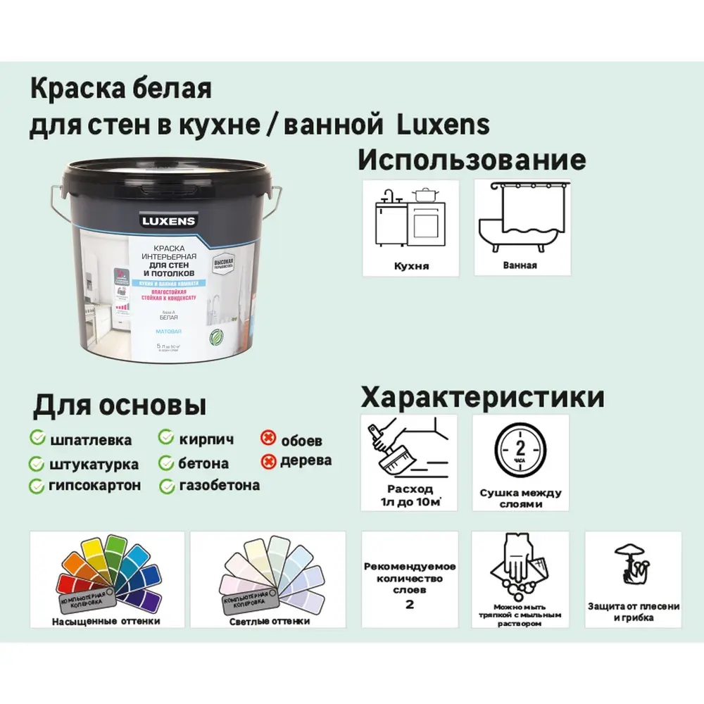 Краска Luxens для кухни и ванной - влагостойкая матовая белая 2.5 л 81963489 STLM-0015604 - Вид №5
