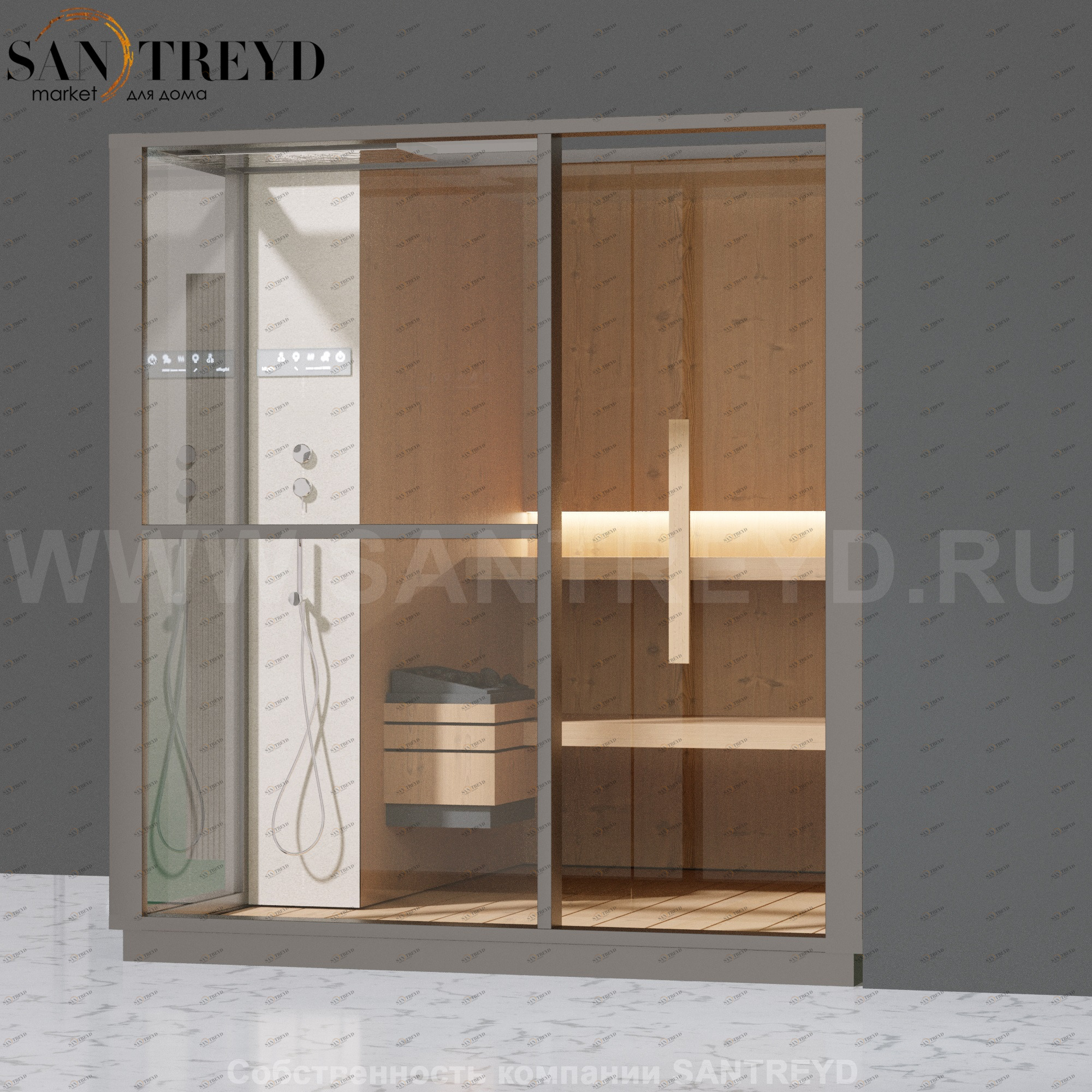 Effegibi LOGICA S LO20010008 Сауна. Установка: в правый угол. Левая дверь. Мощность: 6 кВт макс. Размеры: длина 214 см, ширина 250 см. Отделка: канадский хемлок, матовый лакированный серый аллюминий и бежевый ламинат из керамогранита.