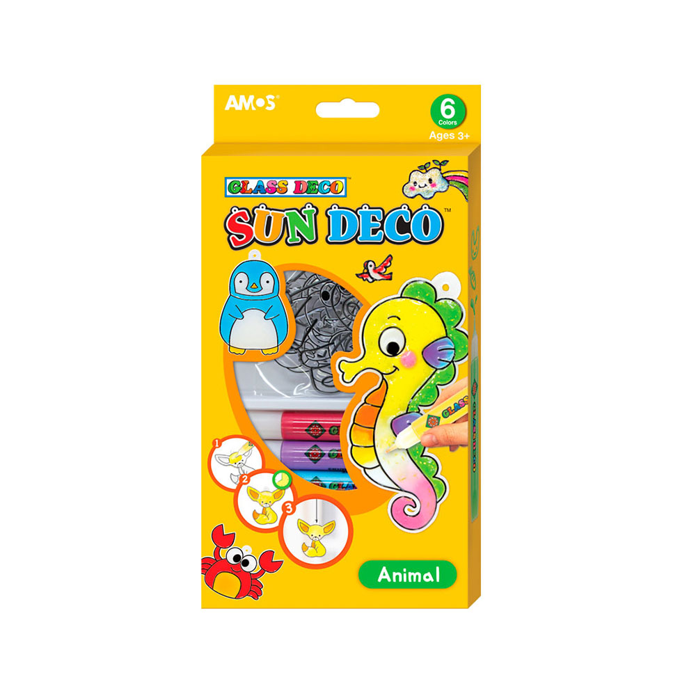 22917 Набор витражных красок с витражами "Животные", 6 цветов по 10,5 мл, 6 мини-витражей 12/48 AMOS 