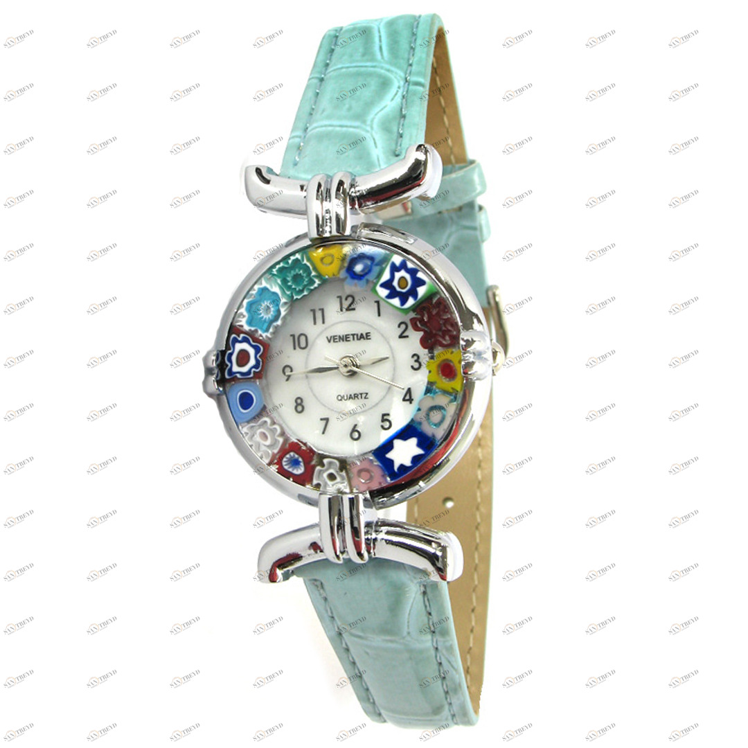 1880 ORIGINALMURANOGLASS Наручные часы Миллефиори - Аквамариновый ремешок - муранское стекло 21 см 