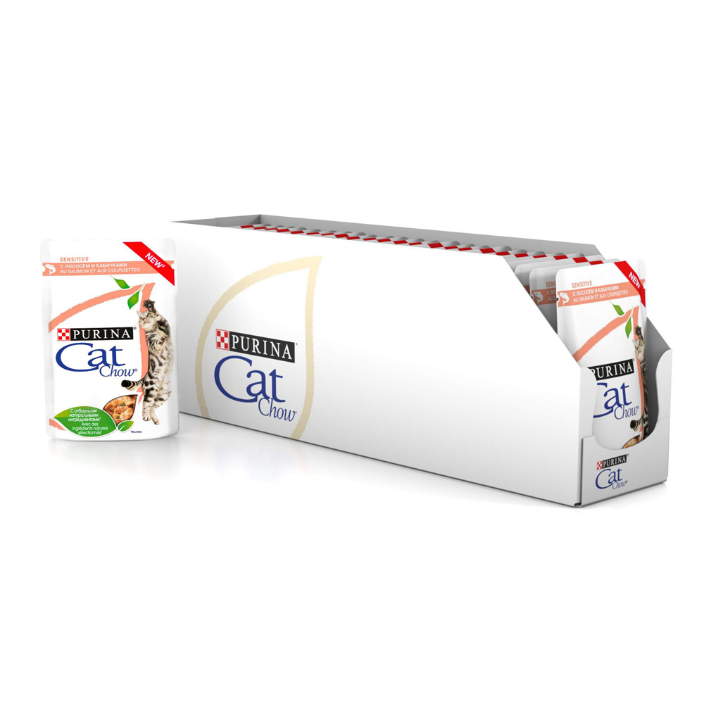 ПР0049781*24 Корм для кошек с чувствительным пищеварением, лосось с кабачками в соусе, пауч 85 г (упаковка - 24 шт) Cat Chow 