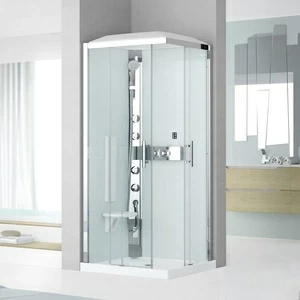 Душевая кабина термостатическая 90x90 GLAX 3 A90 HYDROMASSAGE Novellini GLAX 3 с высоким душевым поддоном, серебристым профилем и крышей с парогенератором