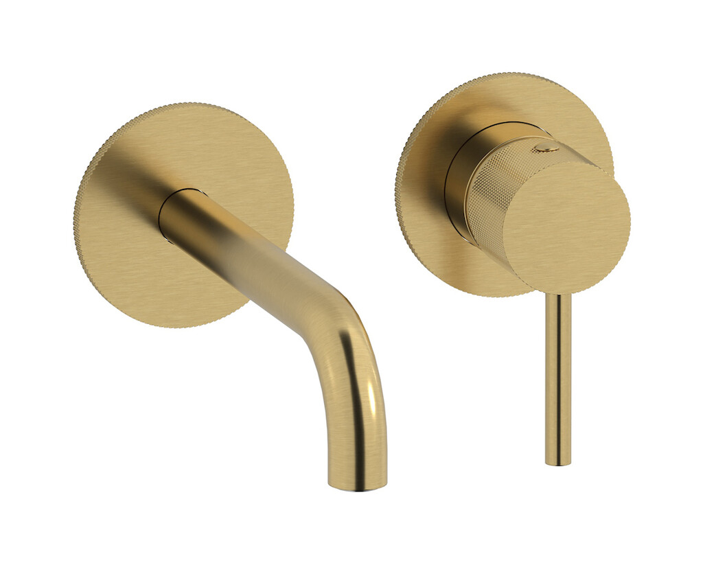 Встроенный в стену смеситель для раковины на 2 отверстия в комплекте с донным клапаном. WE ARE IB id406os Brushed Gold Industria