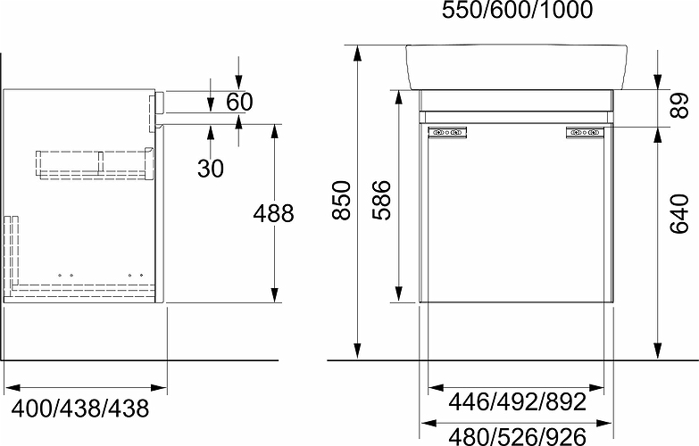 44761 IFO Renova Плоская тумба для умывальника, с ящиком и внутренним ящиком, W = 524 мм, W1 = 600 мм, T = 438 мм, вяз, пленка  - Вид №11