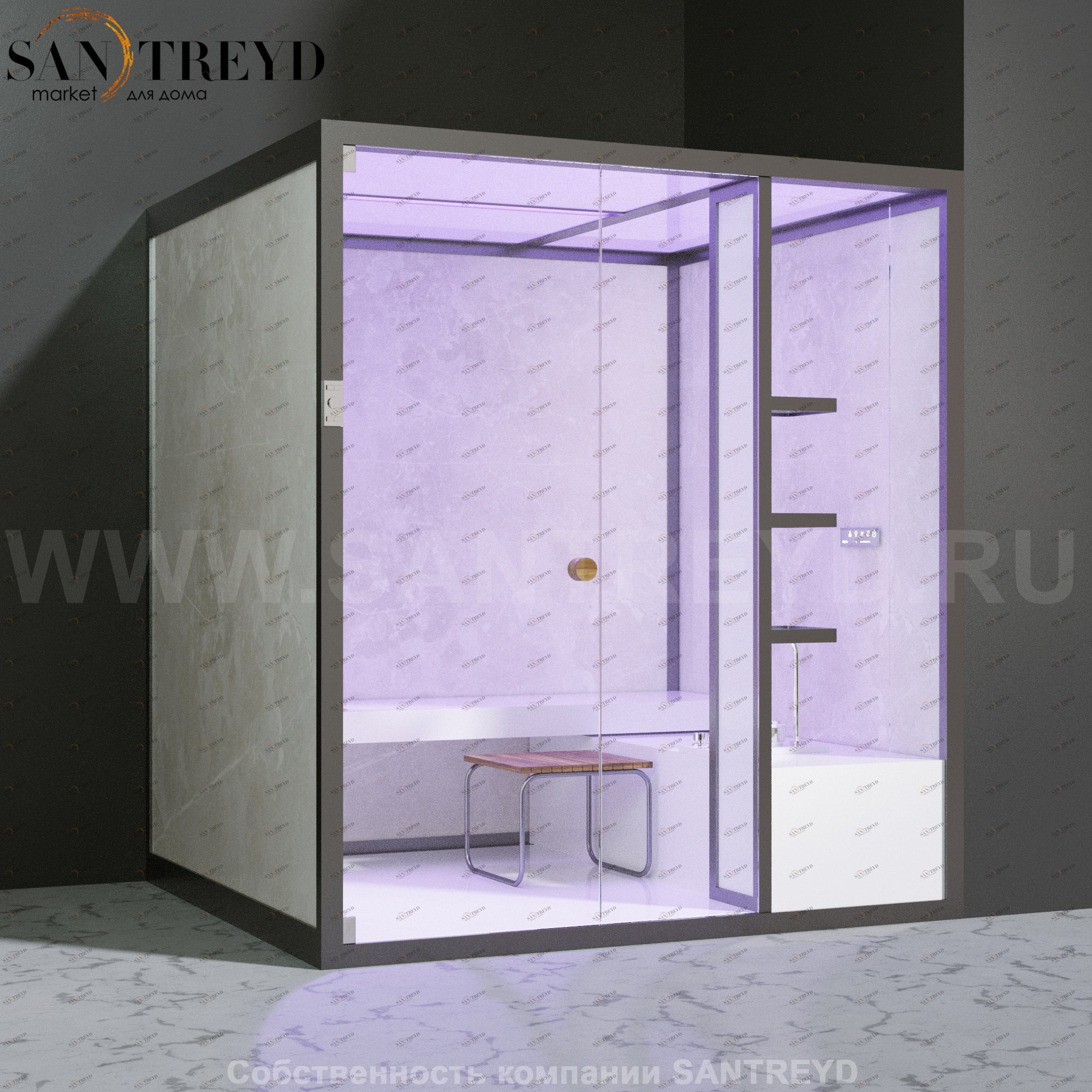 Effegibi BODYLOVE H BL30010002 Хаммам. Установка: в правый угол. Мощность: 7 кВт макс. Размеры: длина 200 см, ширина 176 см. Отделка: светлый керамогранит.