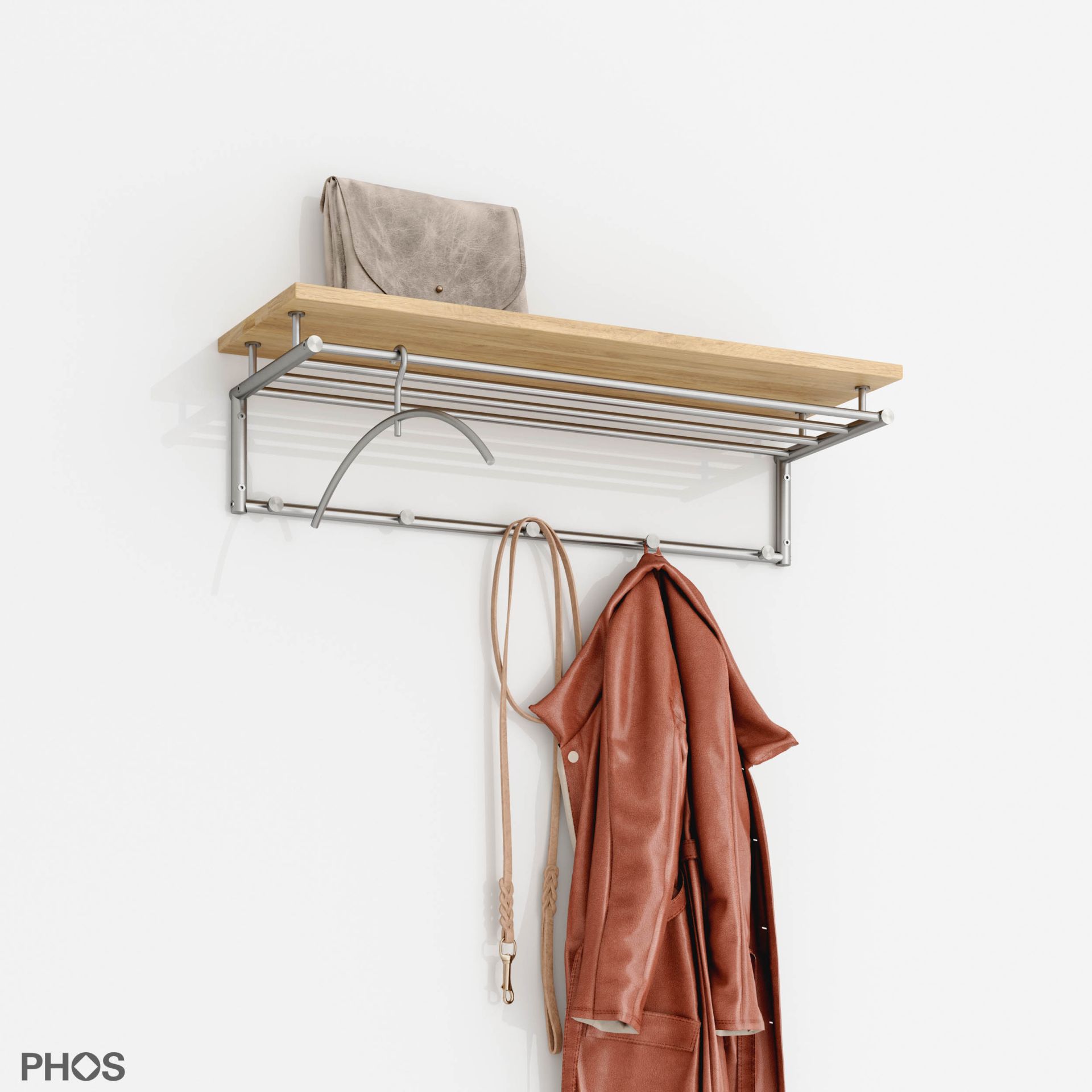 G17-500-Eiche Навесной шкаф g17, узкий, с 4 платяными штангами, 5 крючками и деревянной полкой из массива дуба - ширина 55 см PHOS  - Вид №3