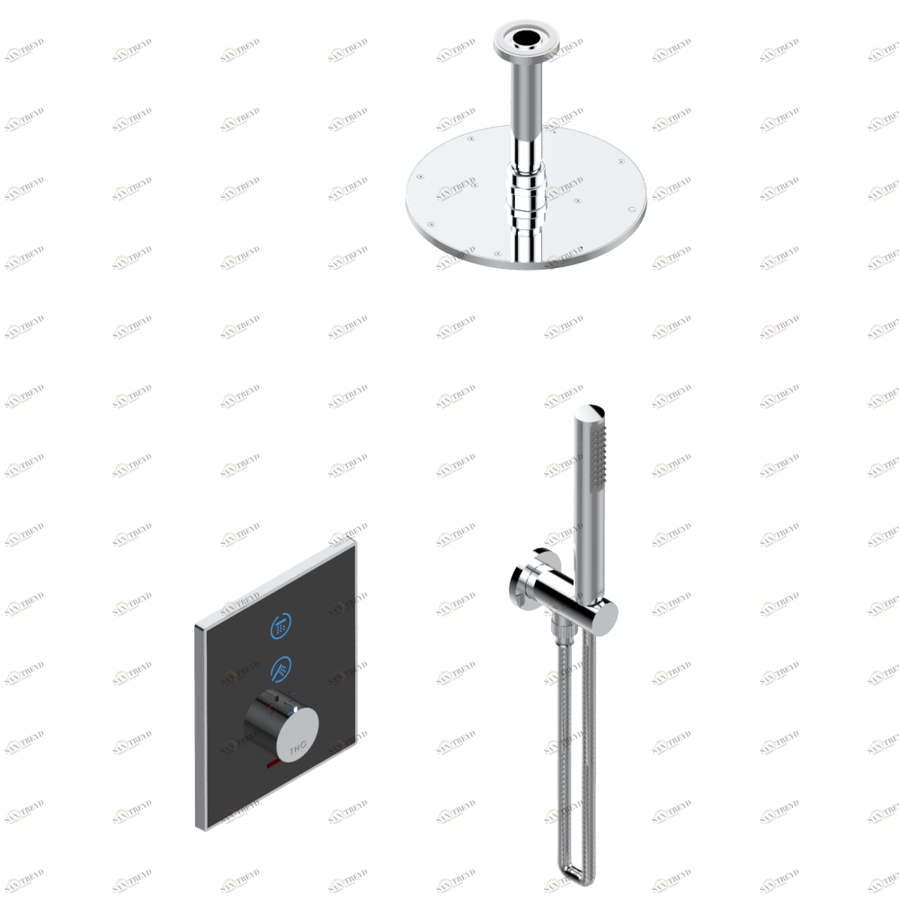 D14-6721N Комплект для душа Electrobox (включающий круглую лейку для душа Ø 200 мм с вертикальным держателем, ручной душ и смеситель с черной панелью, встраиваемый корпус и трансформатор) Thg-paris Electrobox Хром D14 6721N  A02 CAT.A