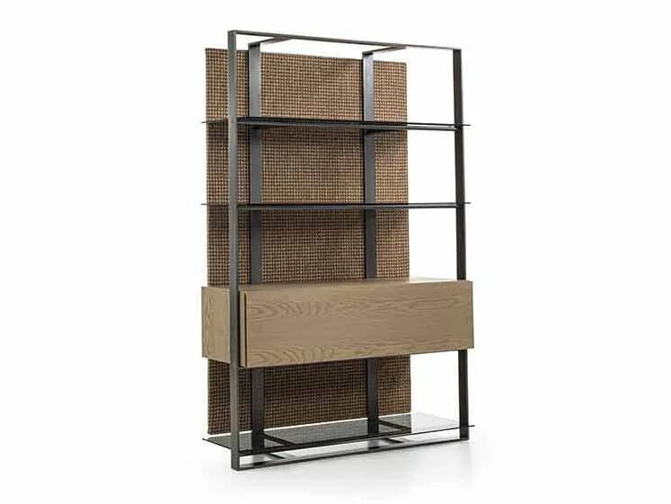 Металлический книжный шкаф со стеклянными полками и текстильной спинкой Frigerio UNIQUE ARCH-00066188