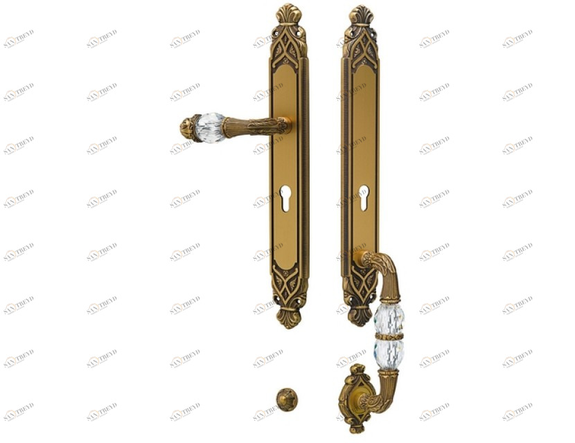 0J3407.S85Y.43 Комплект для входной двери с каплевидным вырезом из кристаллов swarovski, европрофиль 85мм Сатинированное старое золото 24К Mestre 