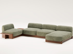 Угловой диван из ткани и ореха с шезлонгом