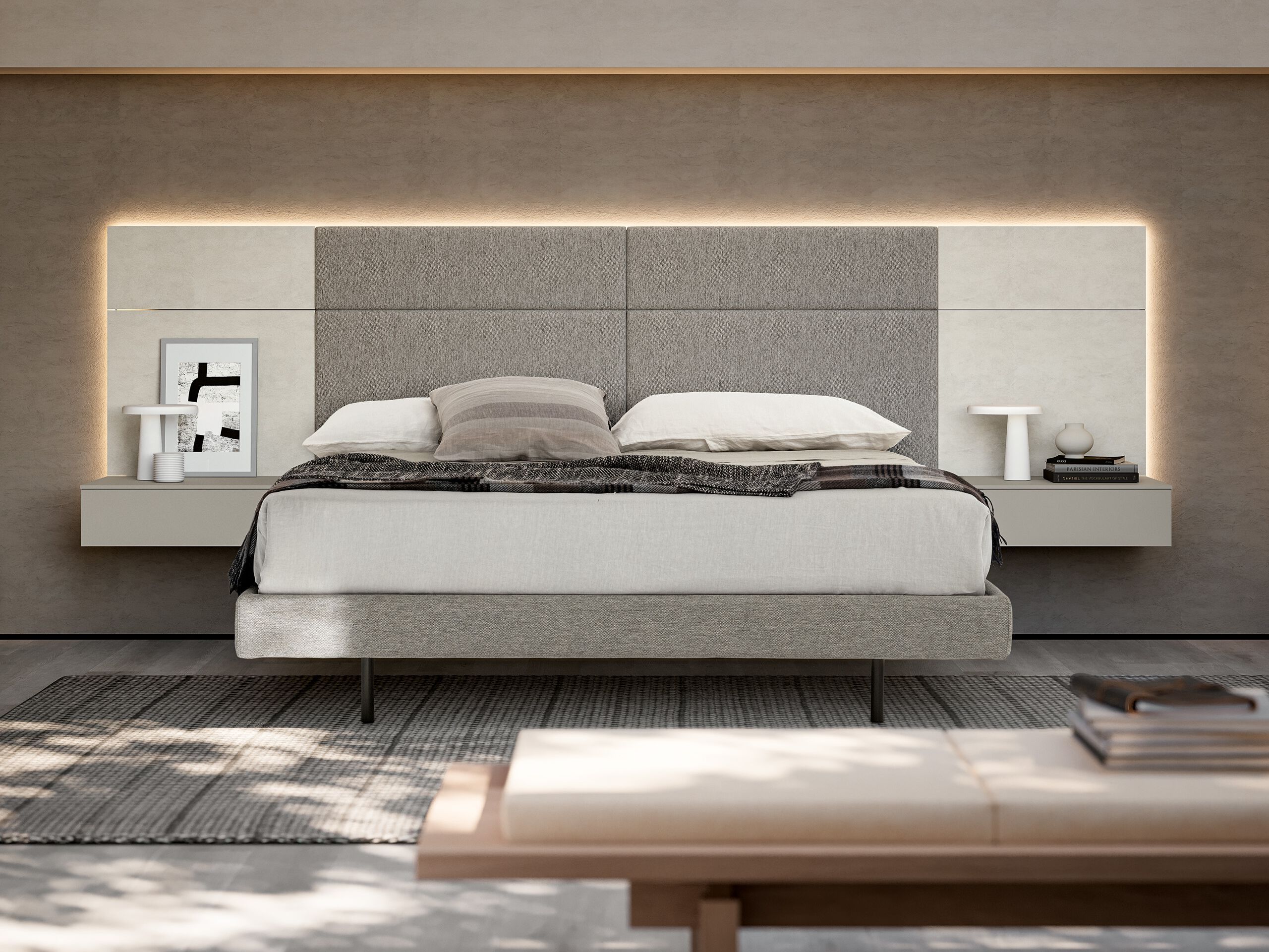 Двуспальная кровать из дерева и ткани со встроенным освещением Adok MODULA ARCH-00059163 - Вид №1