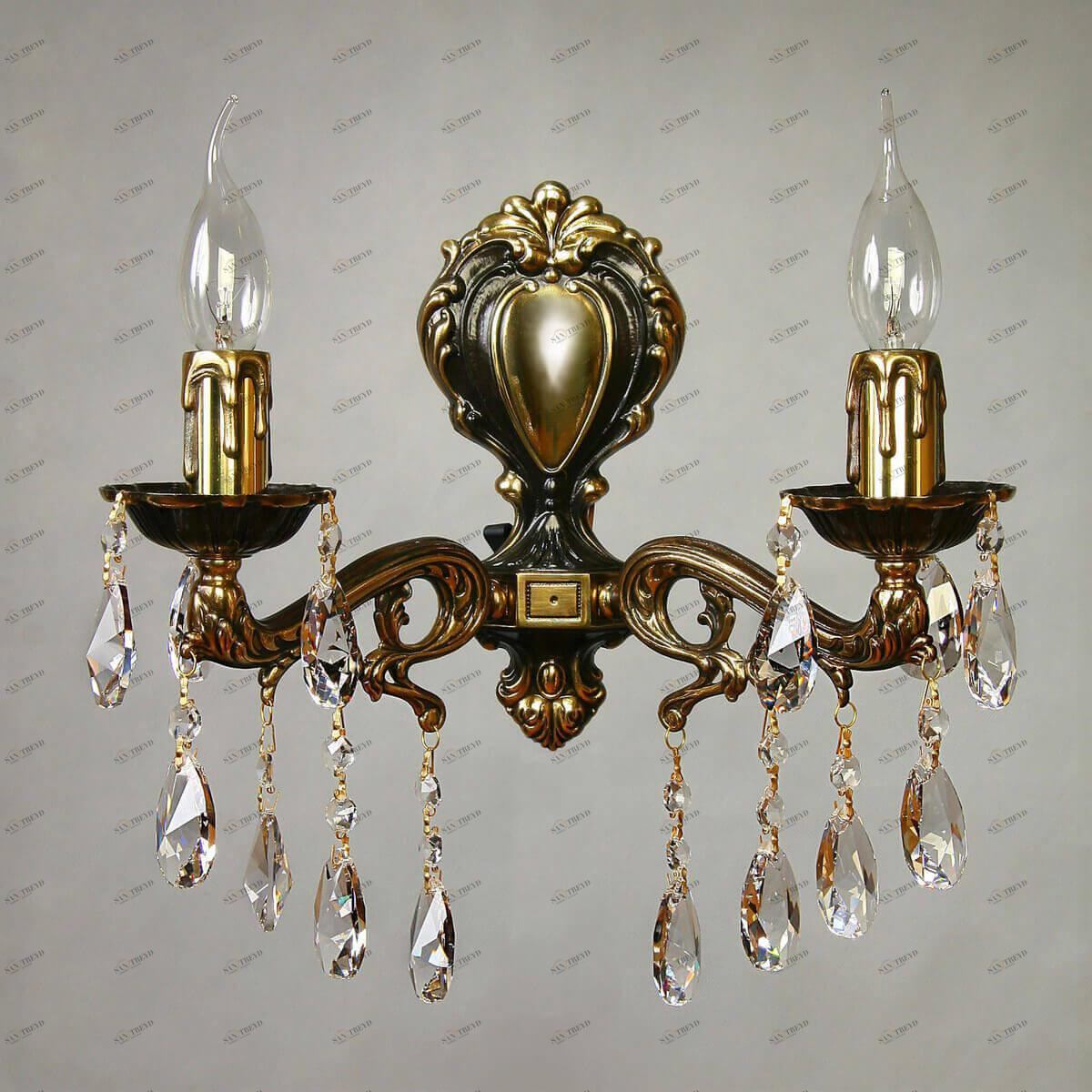 Бра светодиодное хрустальное на 2 лампы бронзовое Leon 2128/2 PB Tear Drop AMBIENTE СВЕЧА 00-3931011 Бронза;прозрачный 