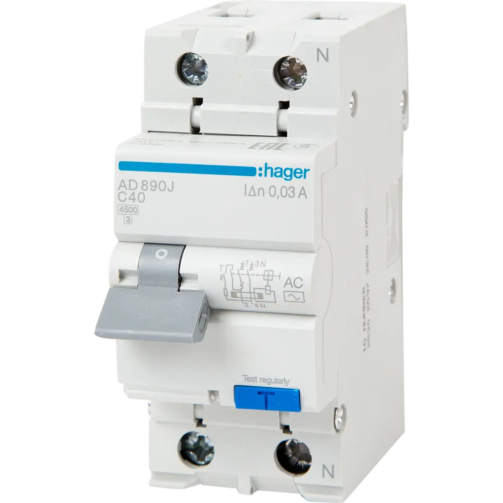 Дифференциальный автомат Hager AD890J 1P N C40 A 30 мА 4.5 кА AC STLM-2193289