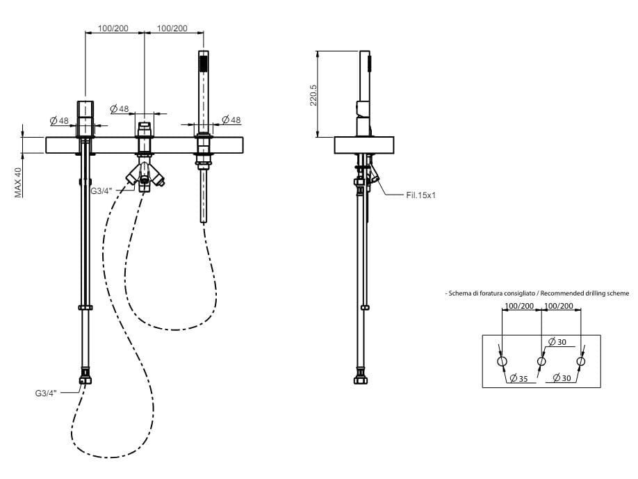 Смеситель для ванны с 3 отверстиями из нержавеющей стали с ручным душем Rubinetterie Frattini Borgia ARCH-00105090 - Вид №3