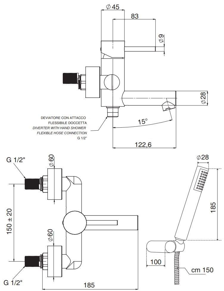 Rubinetterie Mariani Настенный комплект для ванны из латуни с ручным душем на 2 отверстия Ultraminimal 230/um - Вид №1