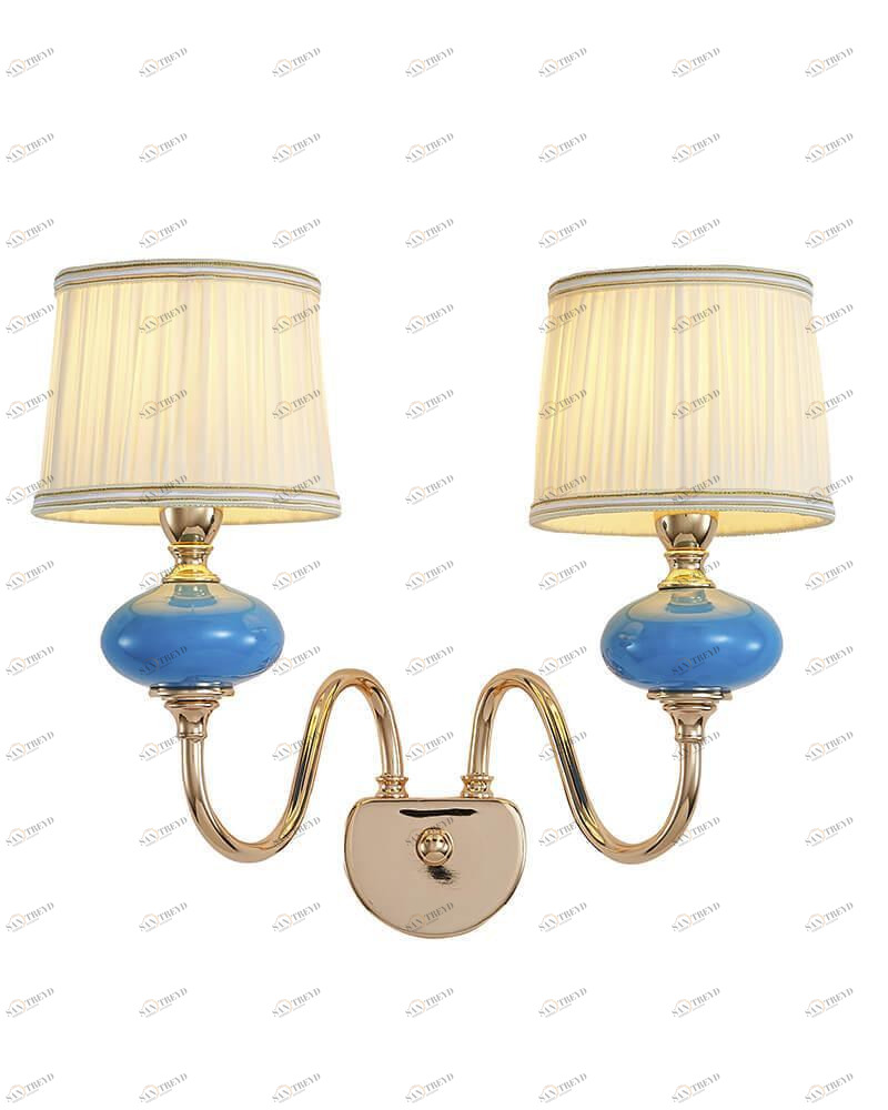 Бра с белыми абажурами голубое "Макей" 1031/2W-GD-PBL-WT LUMIEN HALL МАКЕЙ 00-3931602 Белый;голубой;золото 