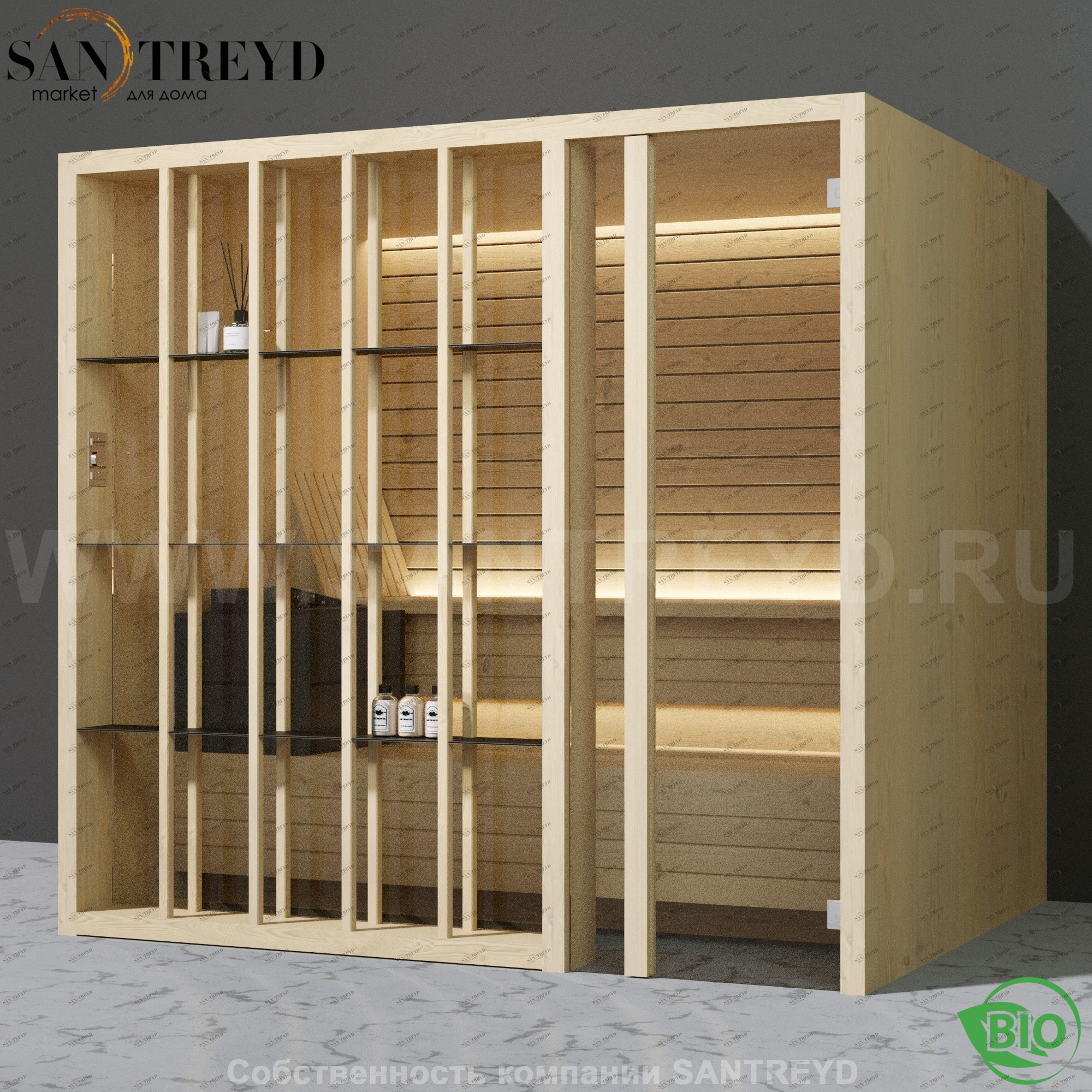 Effegibi YOKU.S105 BI.70100003 Био-сауна с правой дверью. Мощность: 12 кВт макс. Размеры: длина 230 см, ширина 200 см. Отделка: осина термообработанная BI70100003