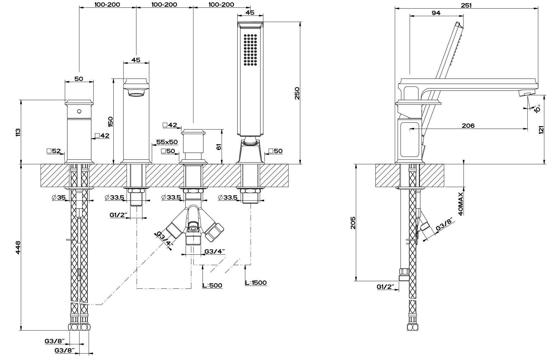 Металлический смеситель для ванны с 4 отверстиями и ручным душем Gessi элегантность ARCH-00078060 - Вид №2
