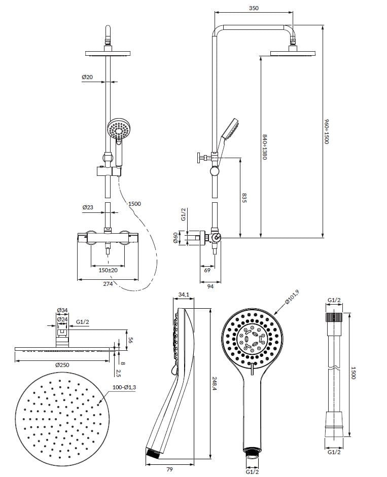 Термостатическая душевая колонна с душем и ручным душем OMNIRES Y ARCH-00112566 - Вид №3