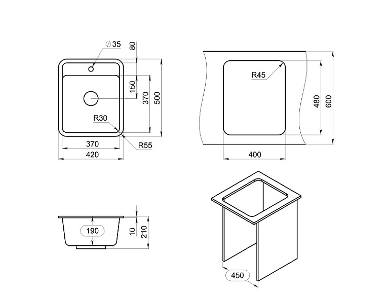 4202, ЧЁРНЫЙ, кухонная мойка, СтандАРТ кварц GRANULA Standart 4202-ST22 - Вид №2