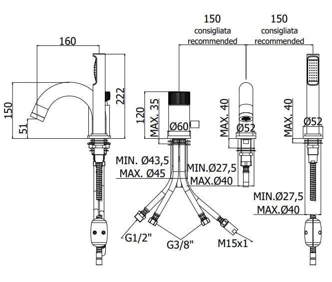 Смеситель для ванны с 3 отверстиями и ручным душем RUBINETTERIA PAFFONI Jo ARCH-00103380 - Вид №2