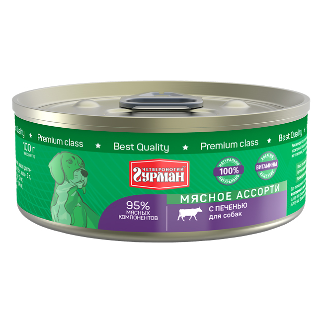 Т0055553*24 Корм для собак Мясное ассорти печень с кольцом конс. 100г (упаковка - 24 шт) ЧЕТВЕРОНОГИЙ ГУРМАН 