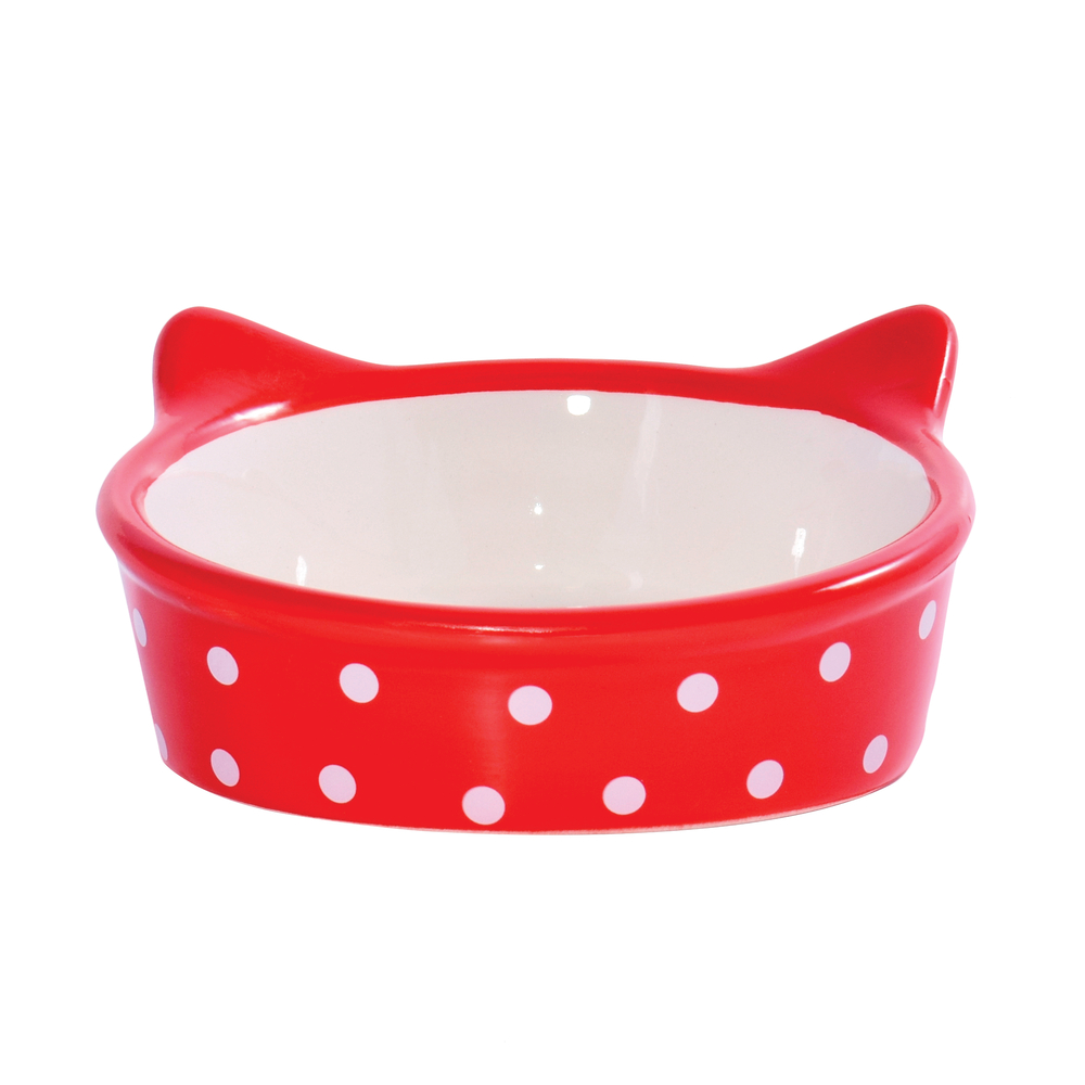 ПР0057046 Миска для кошек керамическая "Мордочка кошки" красная в горошек 250мл КерамикАрт  - Вид №1
