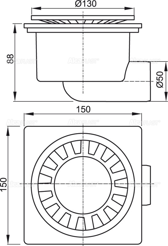 Сливной трап 150×150/50 мм боковой сток, решетка белая, гидрозатвор мокрый ALCAPLAST APV15 - Вид №1