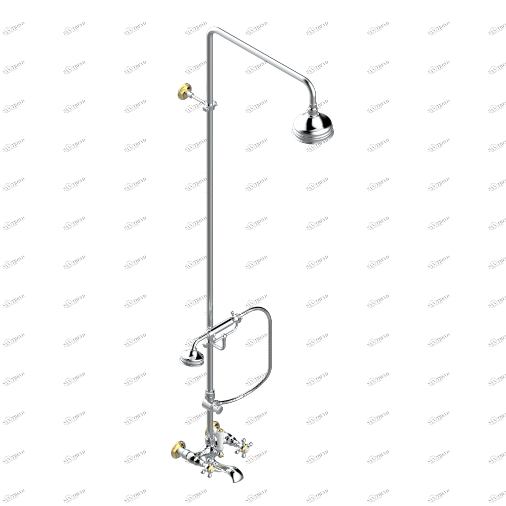 A52-13BCD Смеситель настенный для ванны/душа 1/2" с расстоянием между вентилями 150 мм (+ или - 22 мм), с душевой колонной с переключателем, настенной скобой, ручным душем, шлангом 1.5 м, держателем на стержне и 120 мм верхним душем Thg-paris Broadway Хро A52 13BCD CAT.A